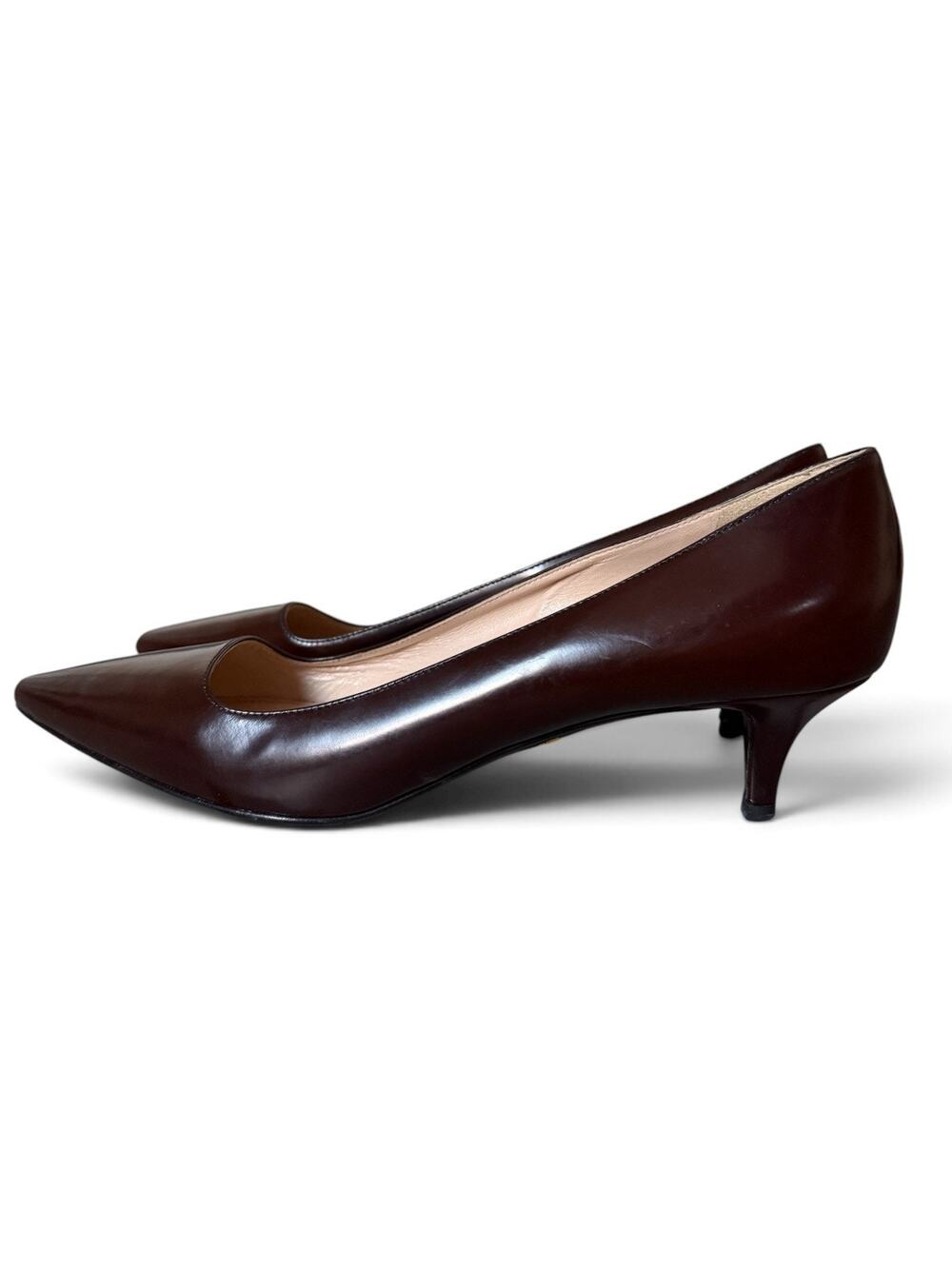 Vintage 90s Y2K Prada Milano Brown Leather Pointed Toe Kitten Heel Pumps Size 39